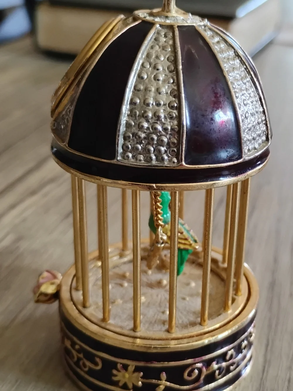 Elgin Clock Gold & Burgundy Enamel Birdcage With Green Bird On Swing Paperweight